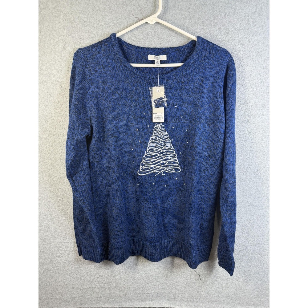 Croft & Barrow Sweater Womens Medium Blue Christmas‎ Tree Sequin Knit Pullover